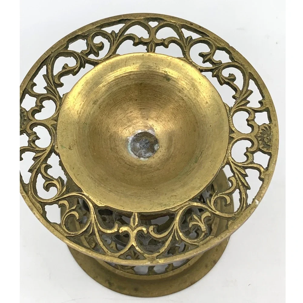 Vintage Brass Candlestick Holder Gold Filigree Open Work‎ Ornate Pedestal MCM